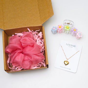 Golden Heart Necklace Gift Hamper for Girls – Scrunchie & Flower Hair Claw
