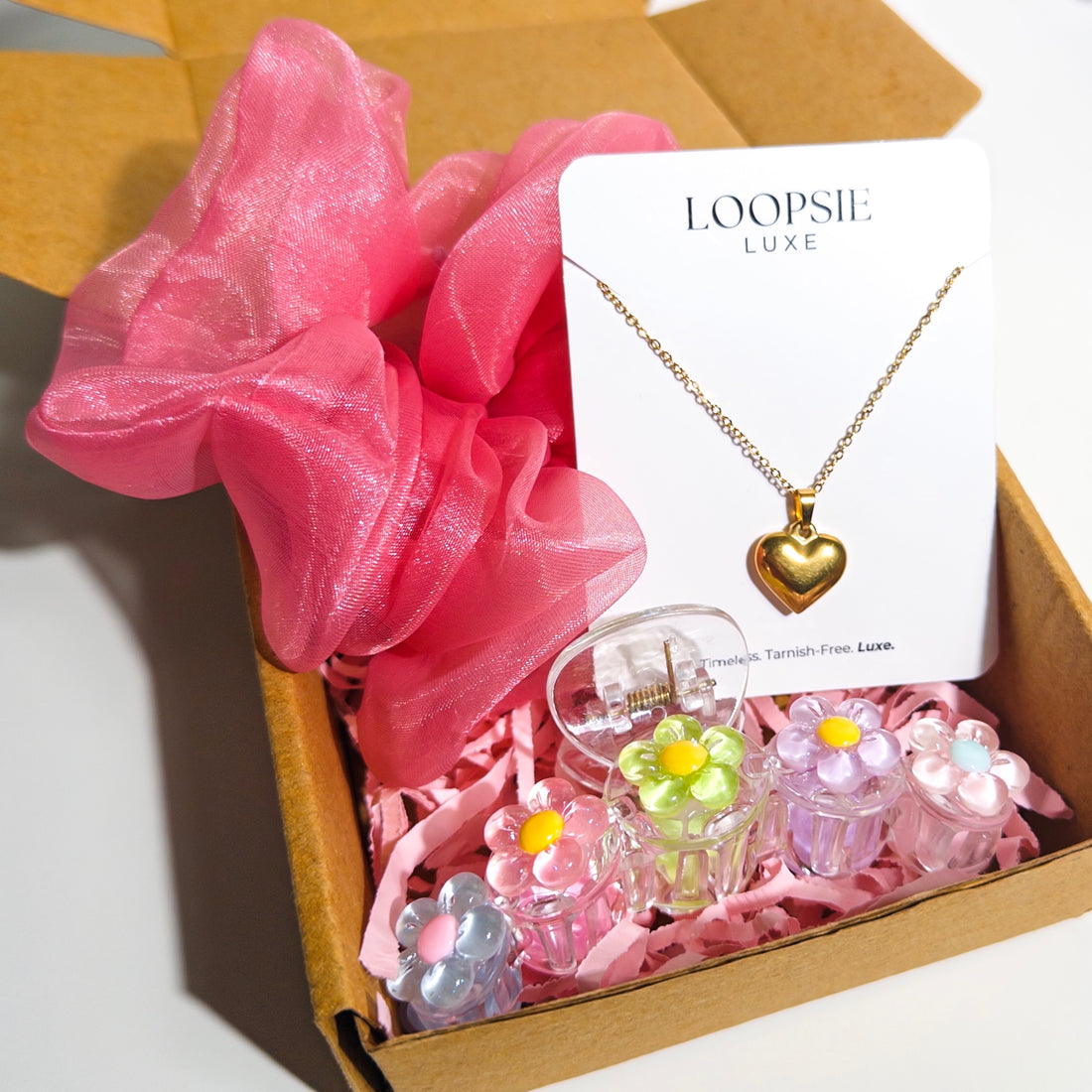 Golden Heart Necklace Gift Hamper for Girls – Scrunchie & Flower Hair Claw