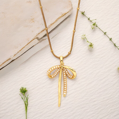 Golden Pearl Bow Necklace