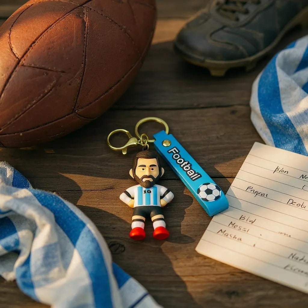 Keychain of a soccer player in a striped jersey on a wooden surface with a football and shoes in the background.