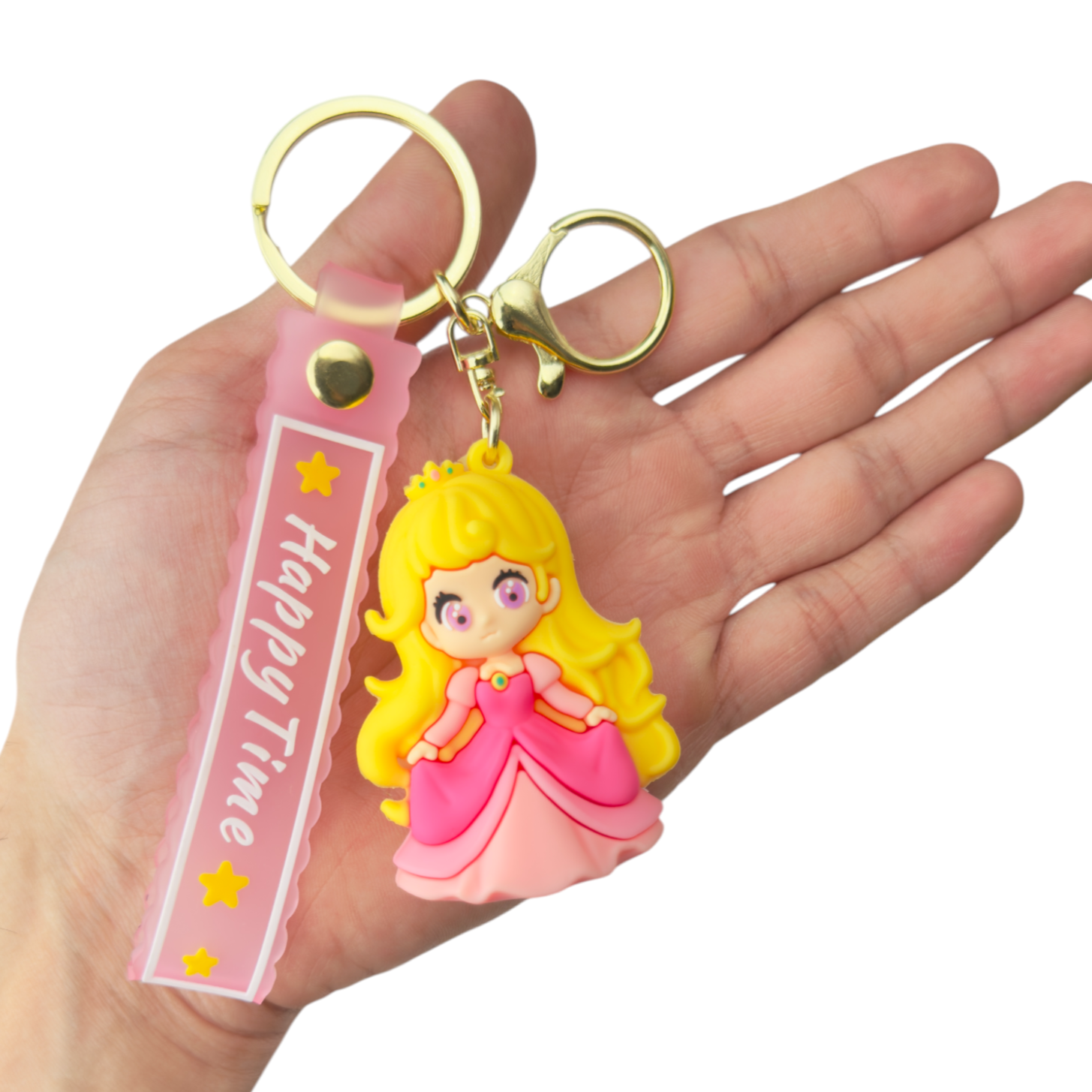 Cartoon Aurora in pink gown with crown keychain