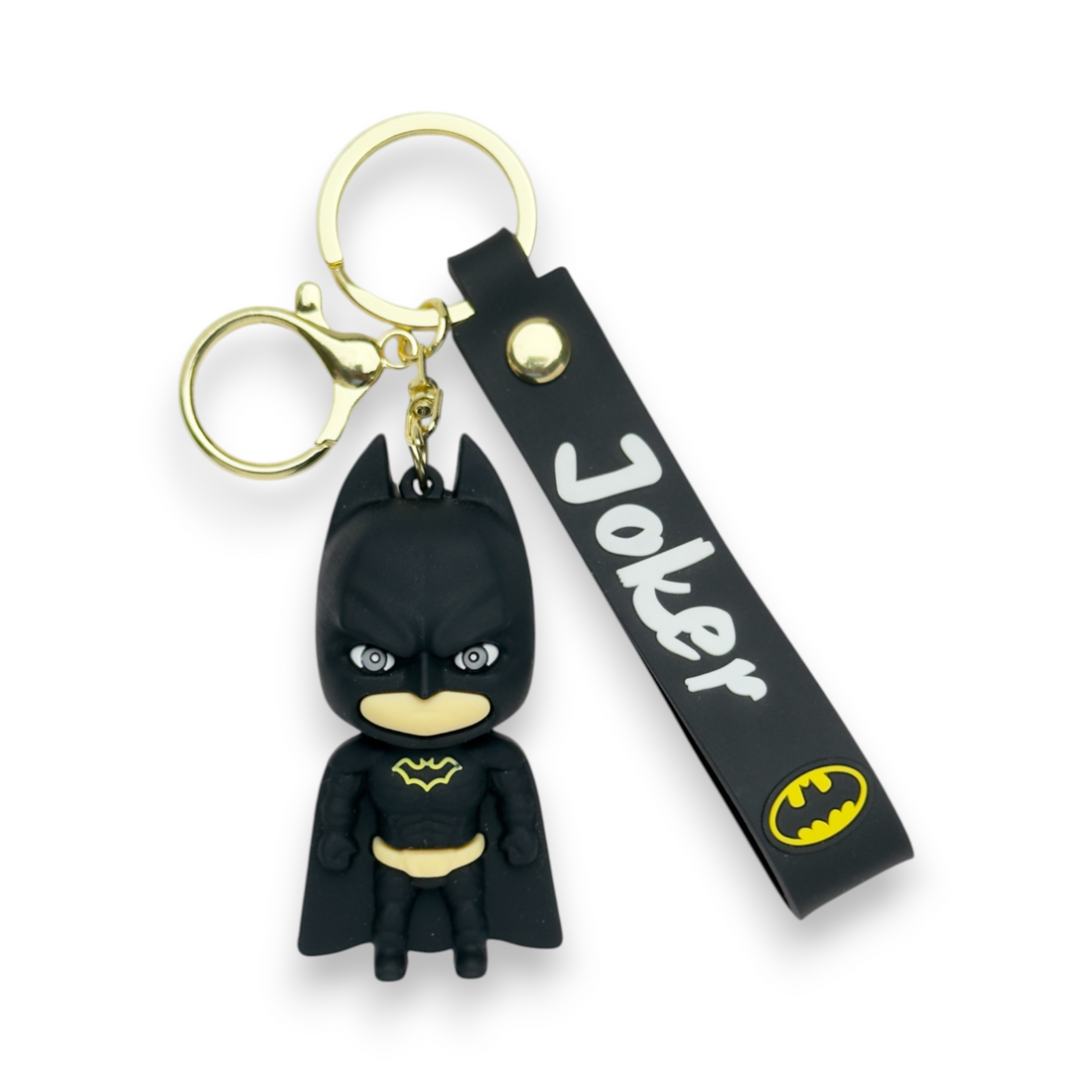 Batman Keychain with Black Joker-Themed Strap and Bat Symbol