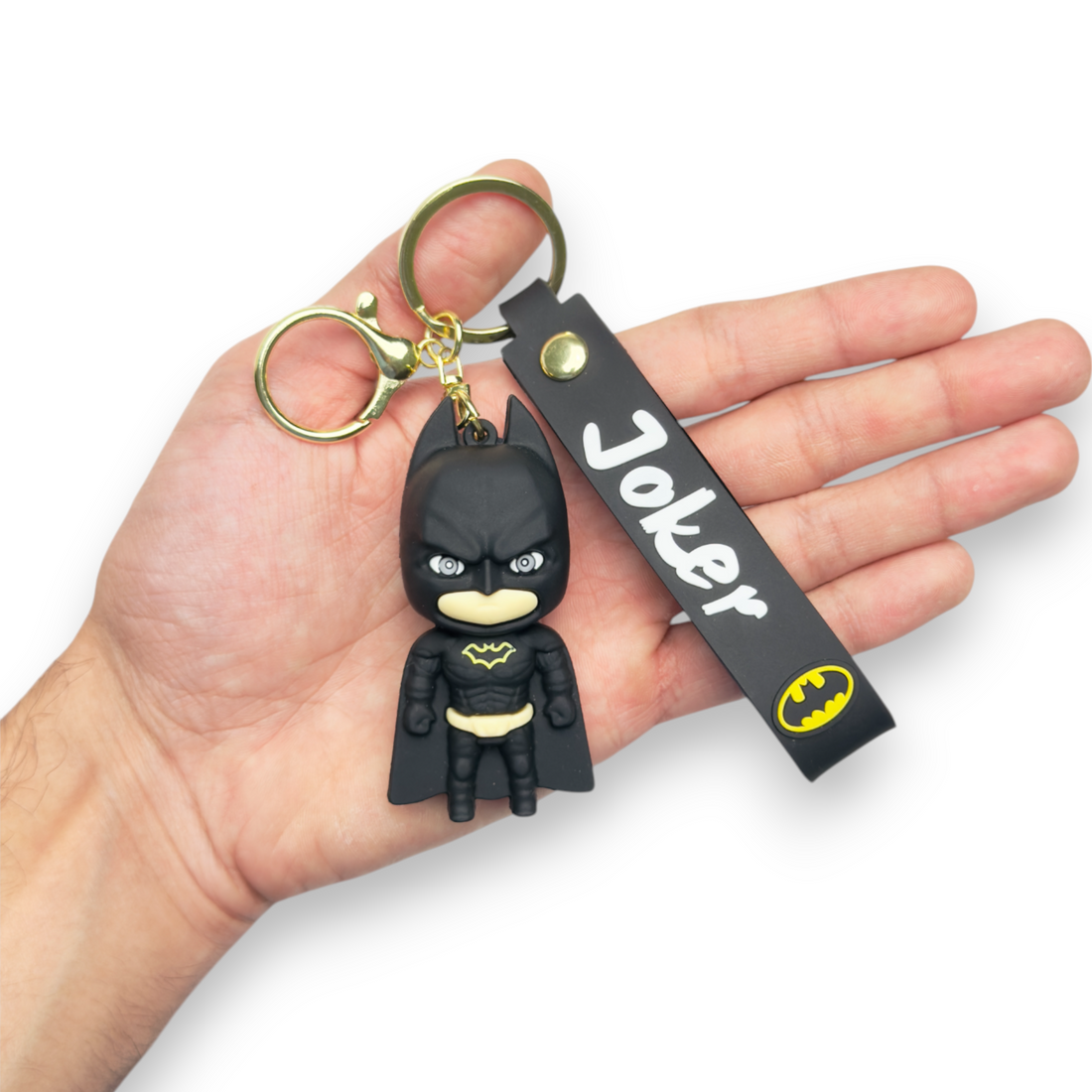 Batman Keychain with Black Joker-Themed Strap and Bat Symbol