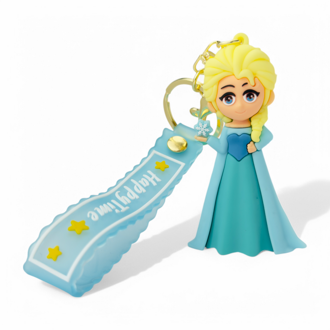 Cartoon Elsa in blue dress holding a snowflake keychain