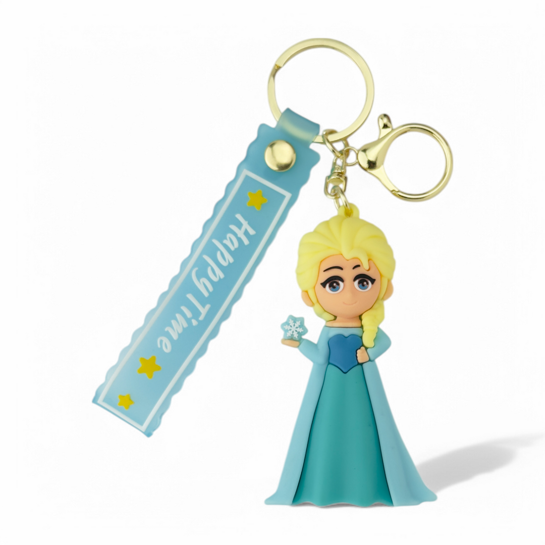 Cartoon Elsa in blue dress holding a snowflake keychain
