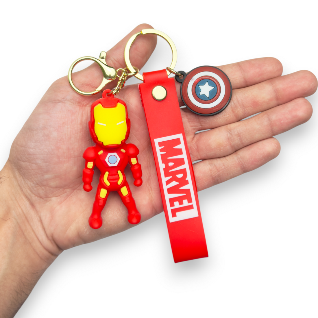 3D Iron Man Figurine Keychain with Marvel Logo Strap