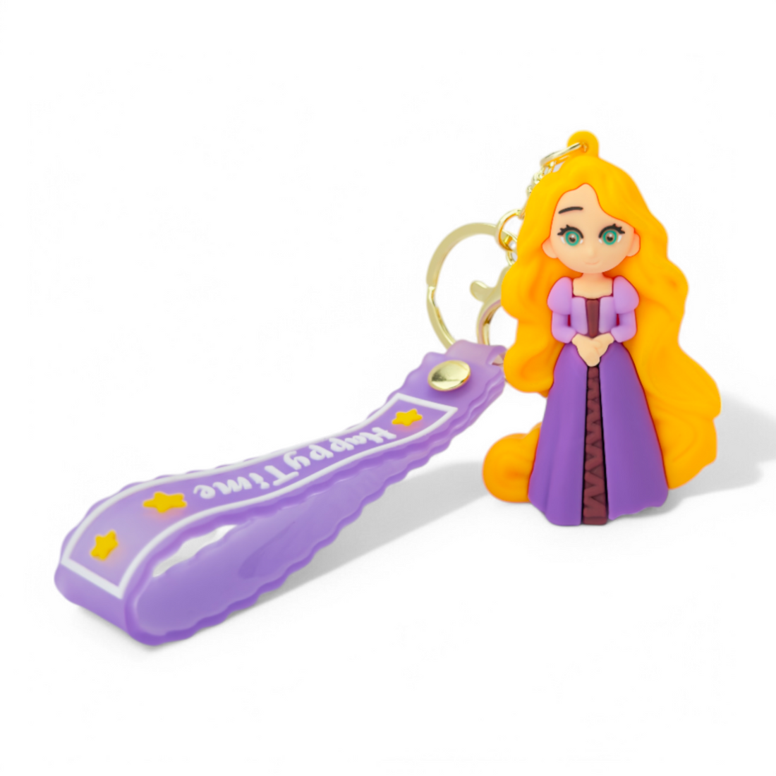 Cartoon Rapunzel in purple dress with long yellow hair keychain