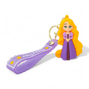 Cartoon Rapunzel in purple dress with long yellow hair keychain