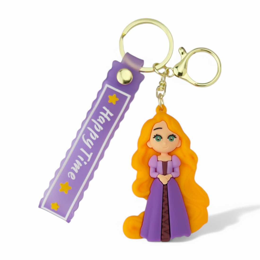 Cartoon Rapunzel in purple dress with long yellow hair keychain