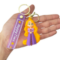 Cartoon Rapunzel in purple dress with long yellow hair keychain