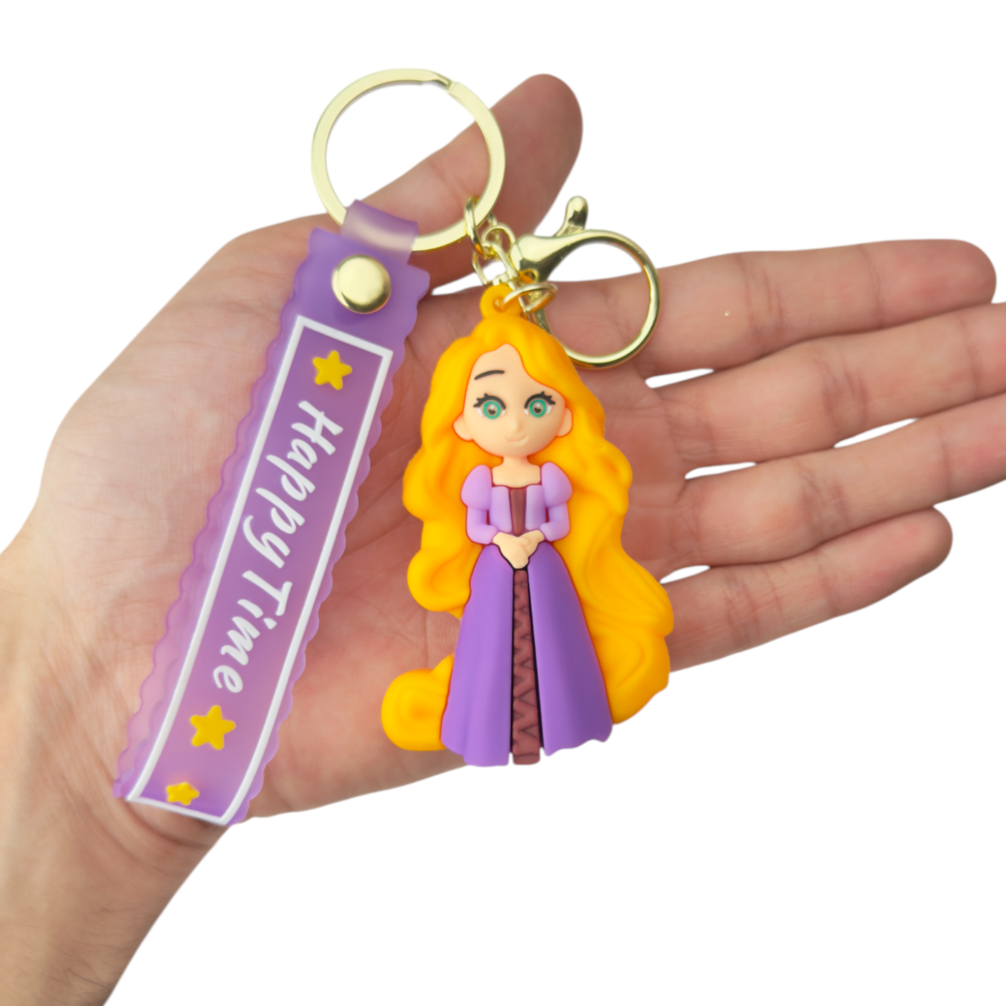 Cartoon Rapunzel in purple dress with long yellow hair keychain