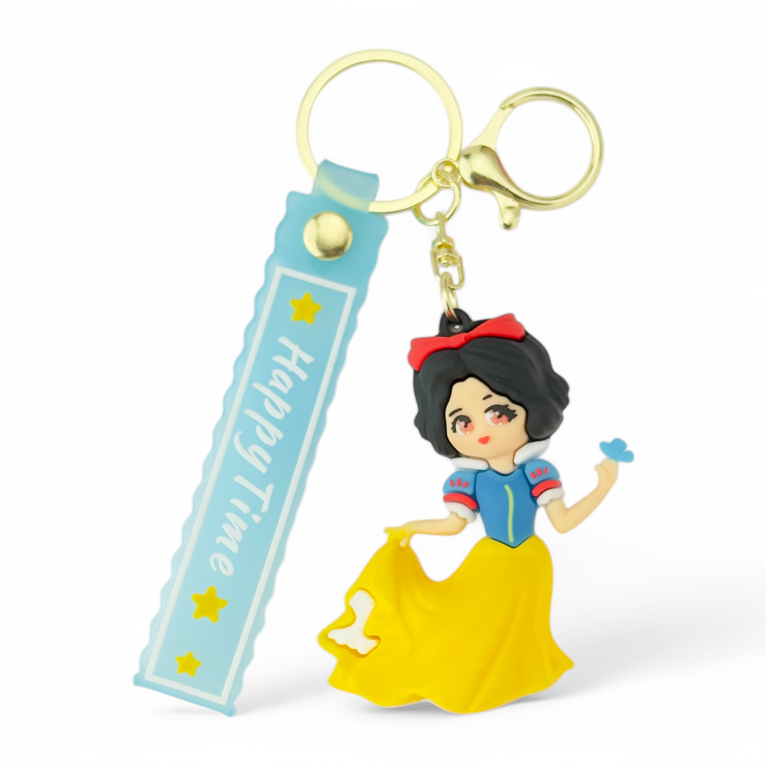 Cartoon Snow White in blue and yellow dress holding a blue bird keychain