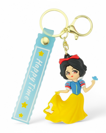 Cartoon Snow White in blue and yellow dress holding a blue bird keychain
